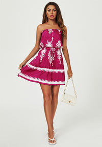 Printed Broderie Strapless Mini Dress In Fuchsia