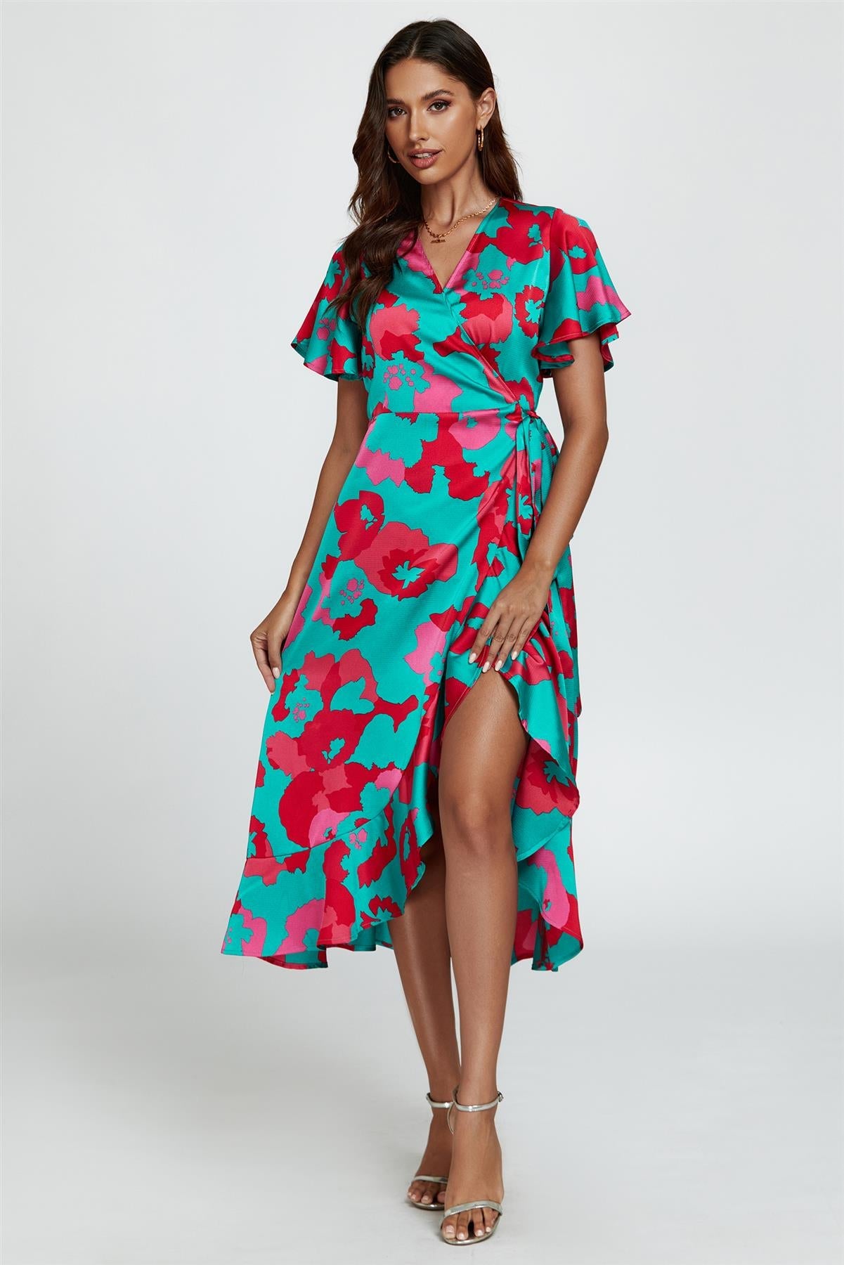 Leopard Print Angel Sleeve Wrap Midi Blue Pink