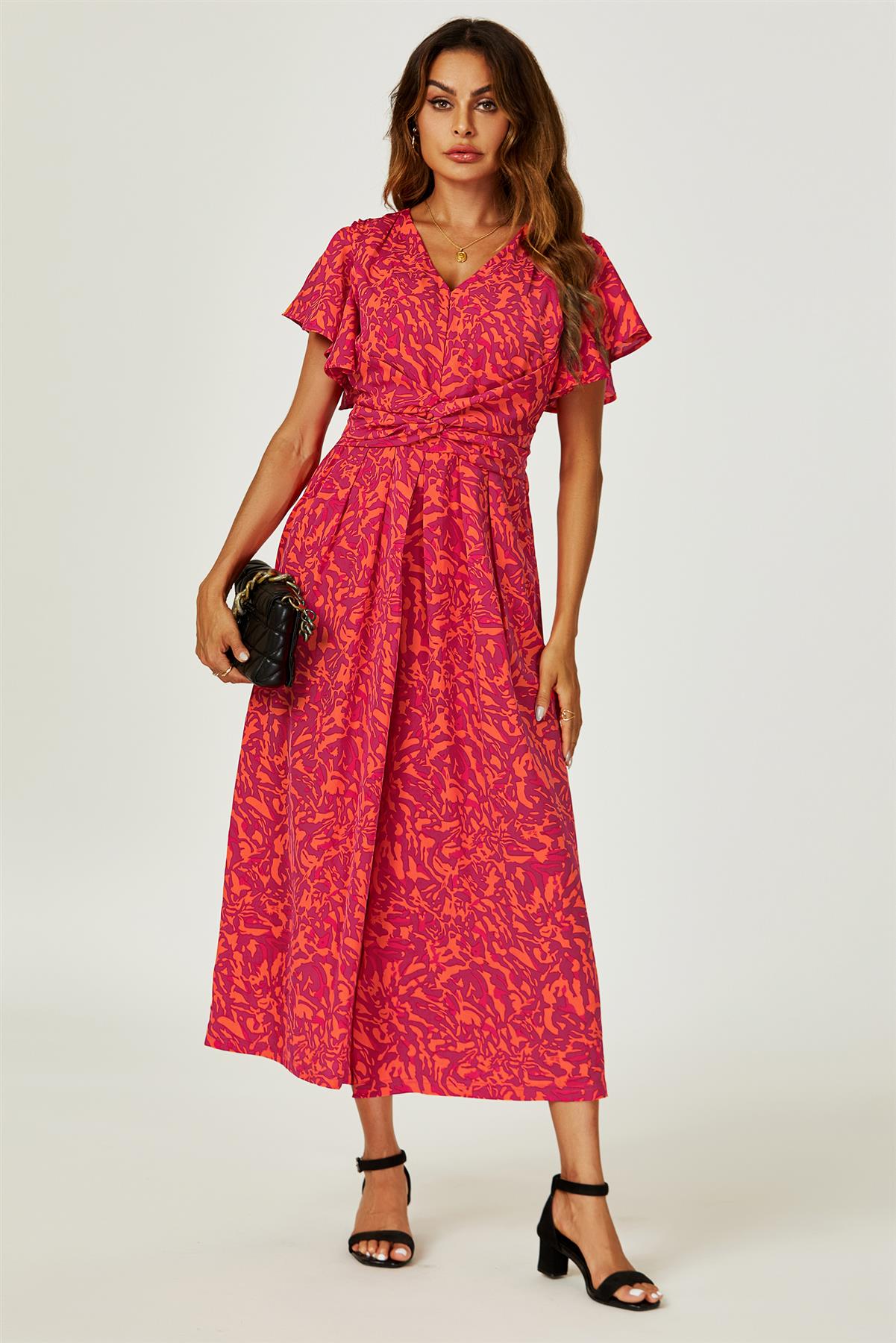 Printed Wide Leg Twist Jumpsuit In Fuchsia