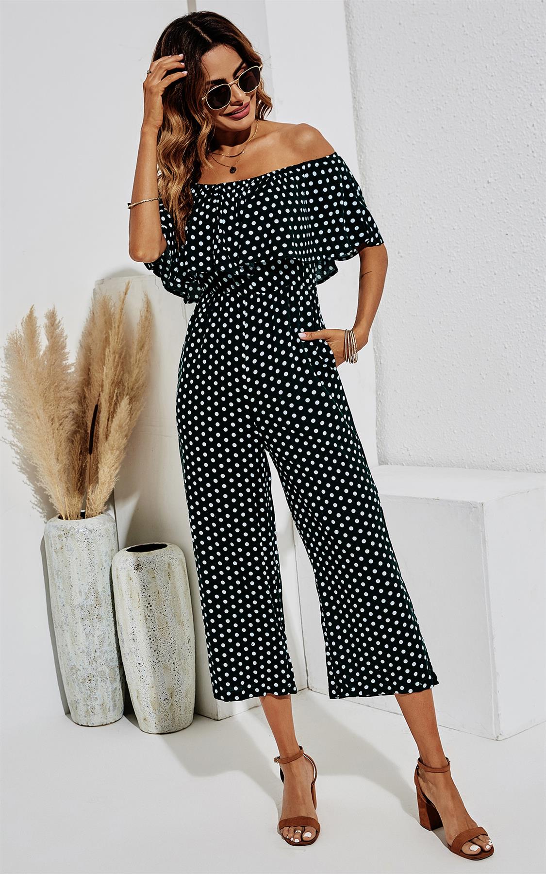 Off The Shoulder Frill Jumpsuit In Black & White Polka Dot