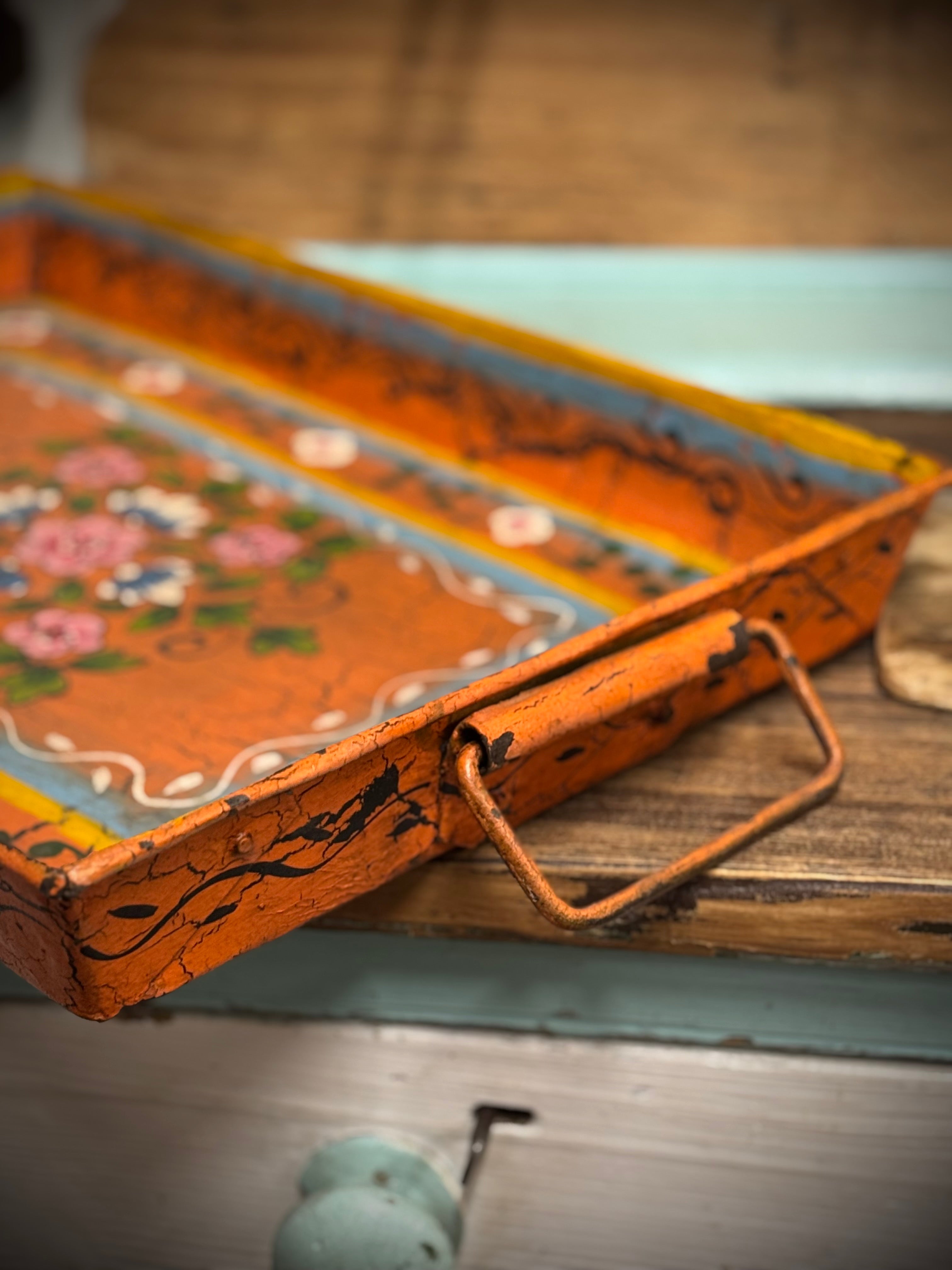 Rustic Vintage Metal Hand Painted Tray / Bread Antipasti Board / Decorative Storage / Serving Lap Tray / Narrow Boat