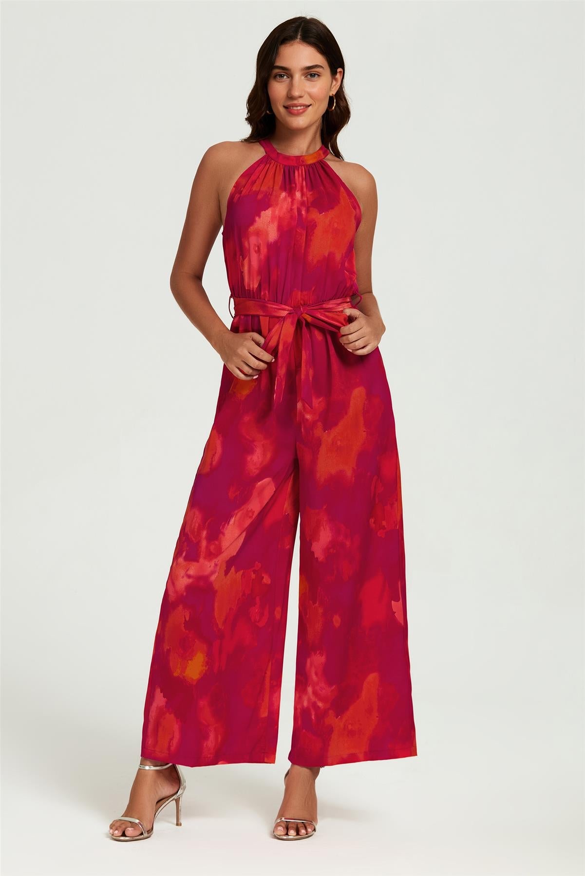 Abstract Print Halter Neck Jumpsuit In Red