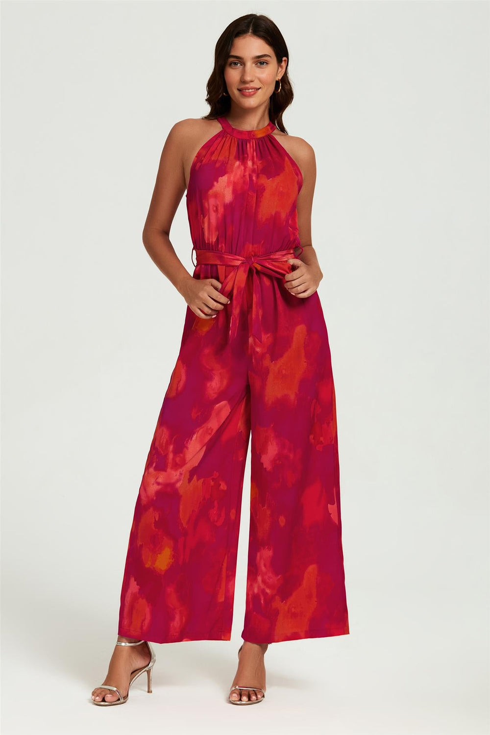 Abstract Print Halter Neck Jumpsuit In Red