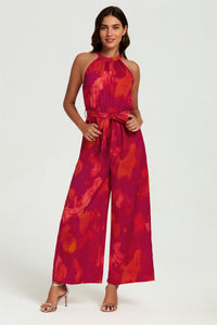 Abstract Print Halter Neck Jumpsuit In Red