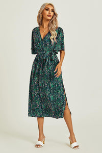 Angel Sleeve Wrap Top Midi Dress In Green