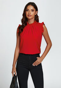 Frill Trim Sleeve Frill Neck Blouse Top In Red