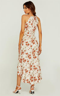Rose Print Hight Low Spilt Halterneck Tiered Maxi Dress In White