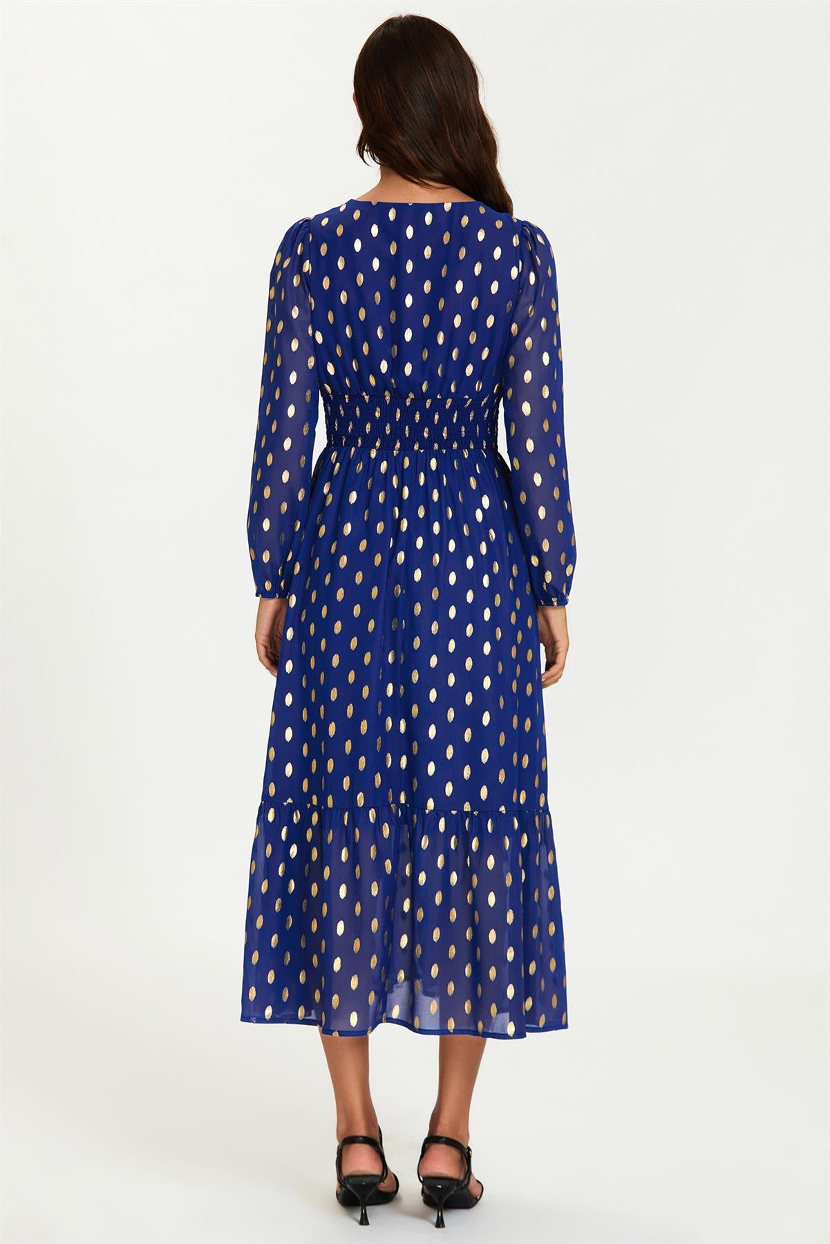 Lace Trim Foil Long Sleeve Maxi Dress In Royal Blue