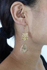 Temple Bloom Filigree Drops- Mandala-Inspired Brass Earrings with Spiral & Gem Detailing.