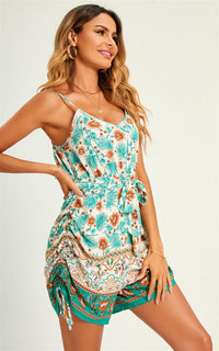 Playsuit With Drawstring Detail In Beige & Blue Leaf Flora Print