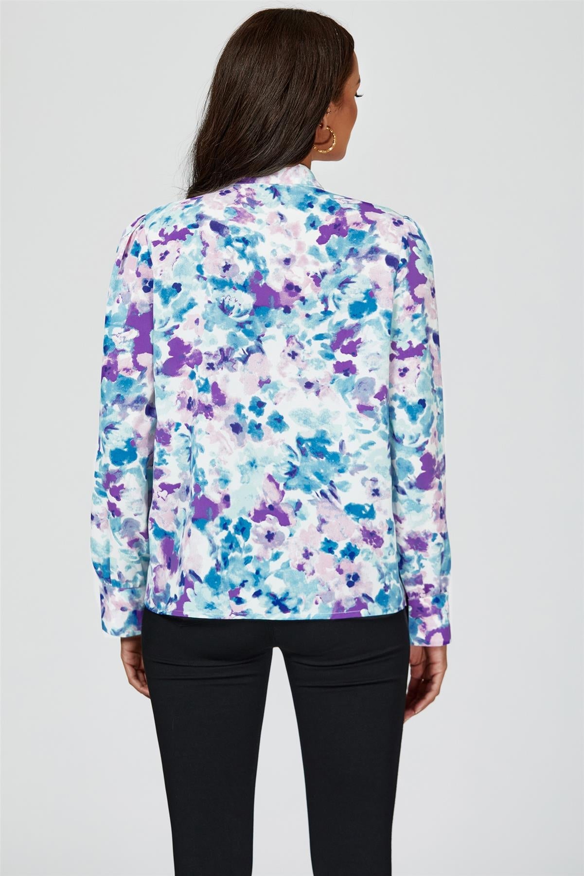 Abstract Floral Print Tie Detail long sleeve Blouse Top In Blue