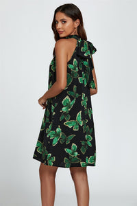Butterfly Print Halter Neck Tie Back Mini Dress In Green