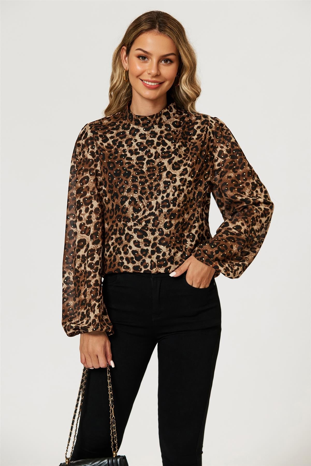 Leopard Print Foil Long Sleeve High Neck Top In Brown