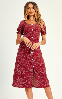 Polka Dot Button Detail Slip Midi Dress In Red