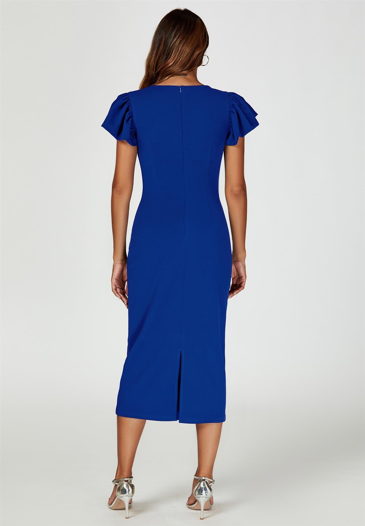 Volume Sleeve Bodycon Midi Dress In Royal Blue