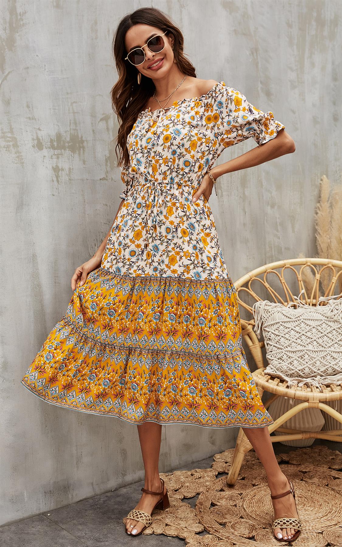 Boho Floral Print Bardot dress In Yellow