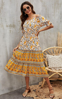 Boho Floral Print Bardot dress In Yellow