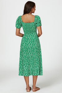 Puff Sleeve Heart Neckline Midi Dress In Green