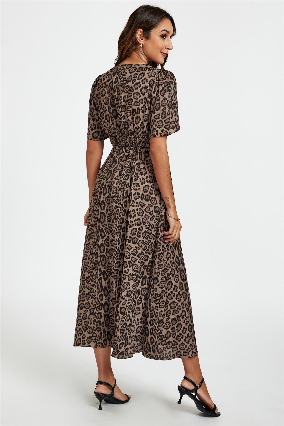 Leopard Print V Neck Midi Dress In Brown