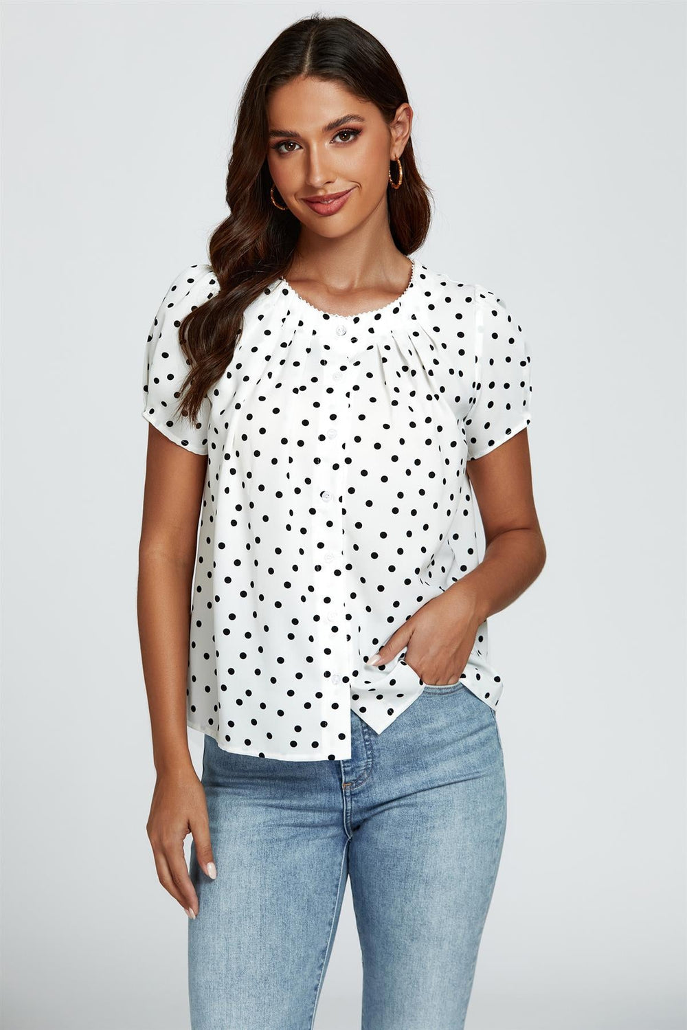 Dot Print Short Sleeves Top In White