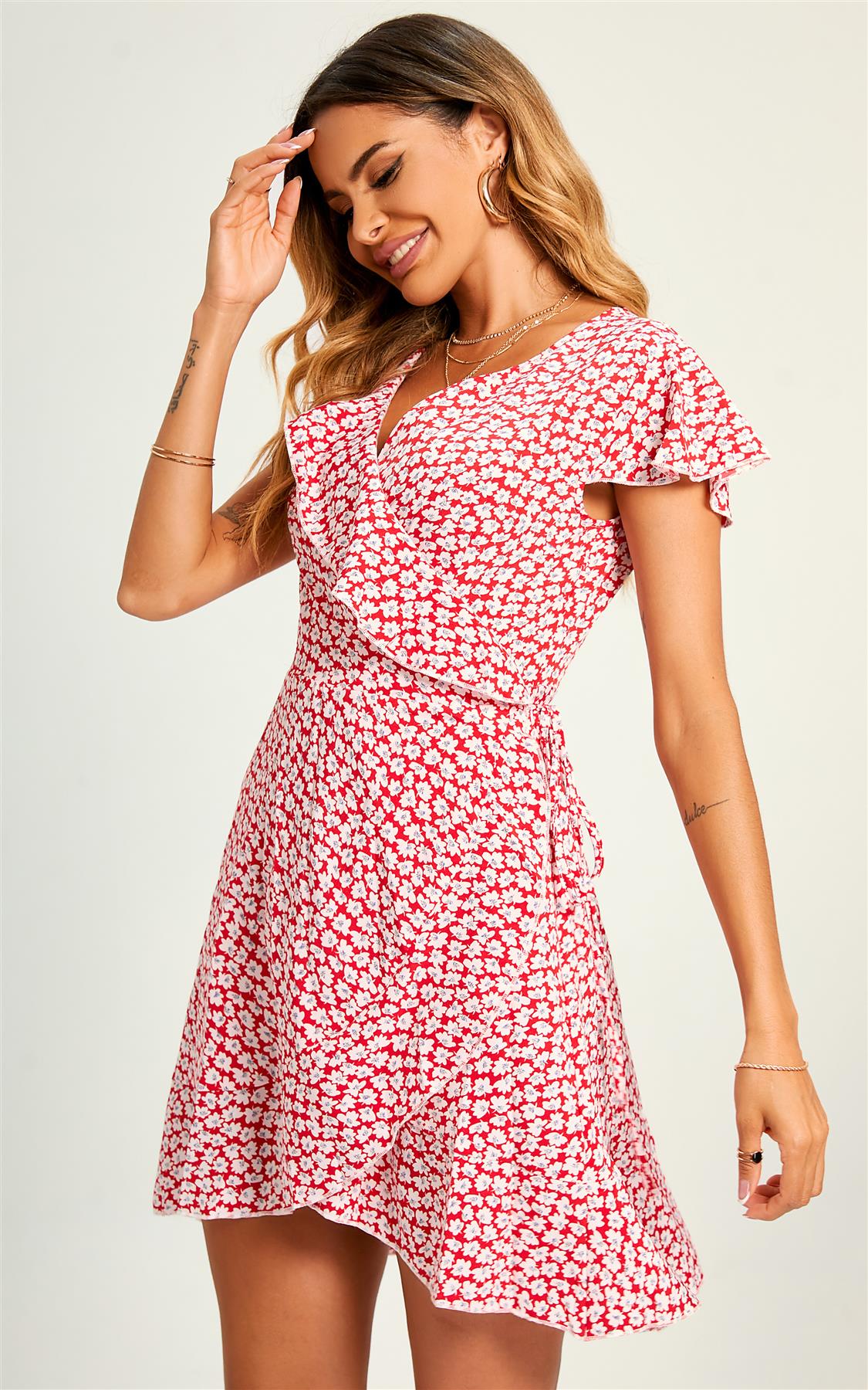 Little Floral Print Hem Mini Wrap Dress In Red