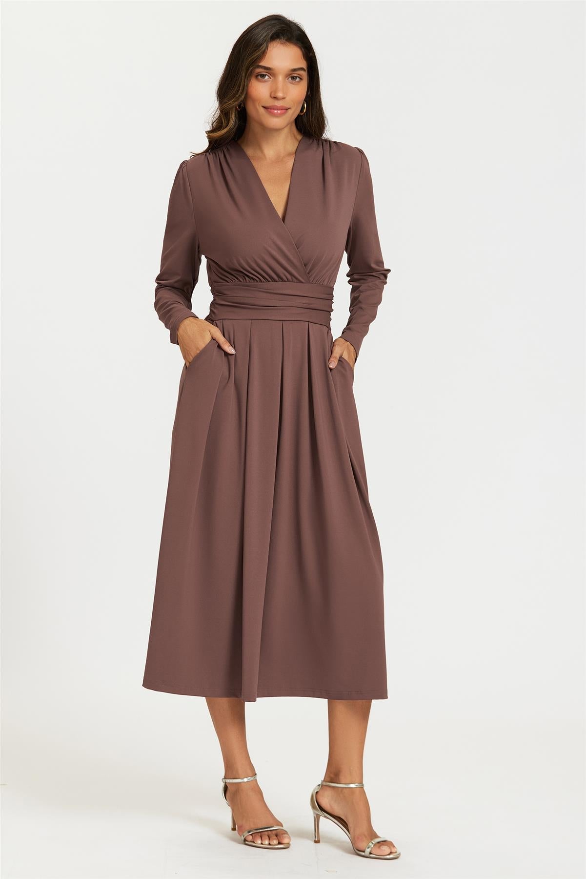Jersey Long Sleeve Midi Dress In Brown