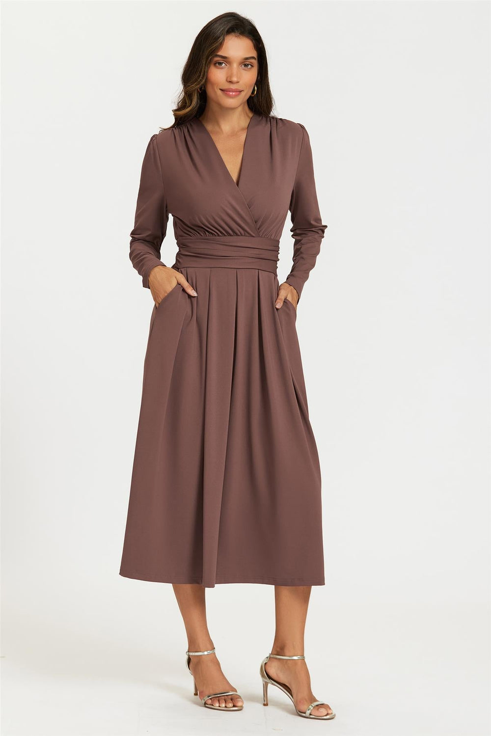 Jersey Long Sleeve Midi Dress In Brown