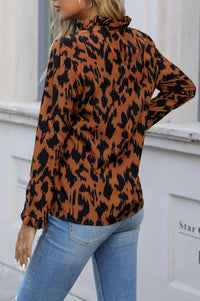 Frill Detail High Neck Top In Camel Brown & Black Leopard Animal Print