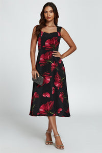 Floral Print Heart Neck Midi Dress In Black