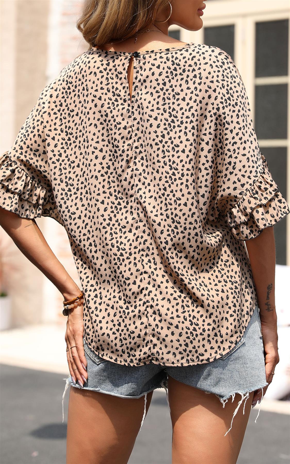 Little Heart Print Hem Sleeve Top/Blouse In Beige