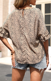 Little Heart Print Hem Sleeve Top/Blouse In Beige