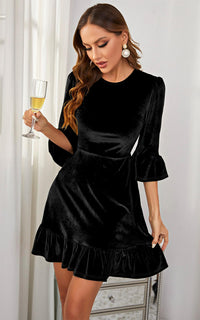 Velvet Frill Detail Mini Dress In Black