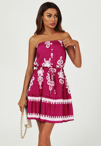 Printed Broderie Strapless Mini Dress In Fuchsia