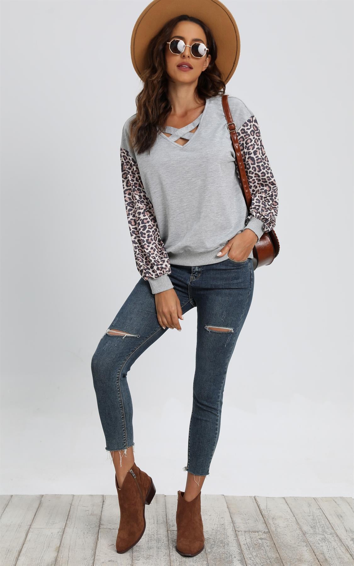 Animal Print Sleeves Cross Over Detail Top In Grey