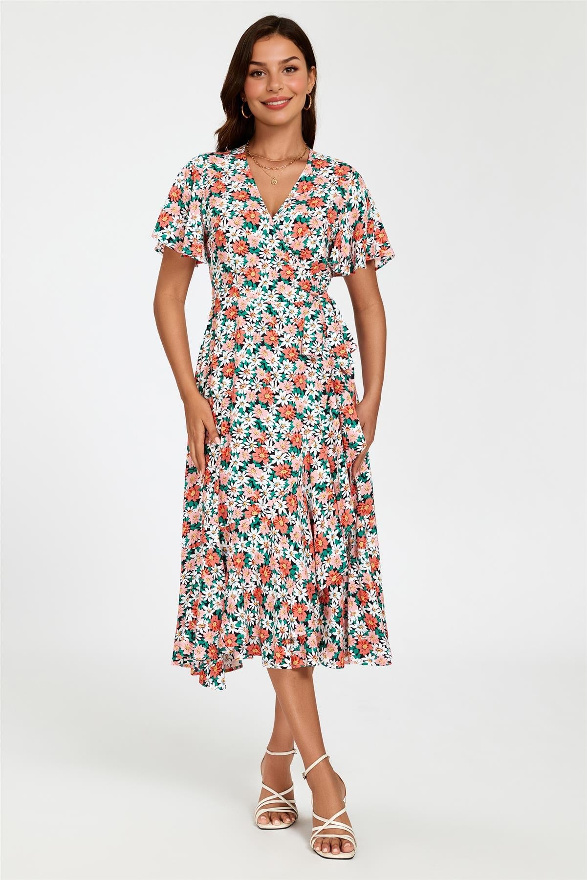 Daisy Print Midi Wrap Dress In Pink