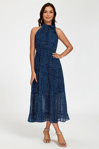 Dot Print Halter Neck Maxi Dress In Navy