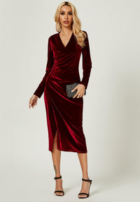 Velvet Wrap Style Long Sleeve Midi Dress In Wine