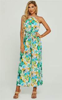 Boho Flora Print Halter Neck Jumpsuit In Green