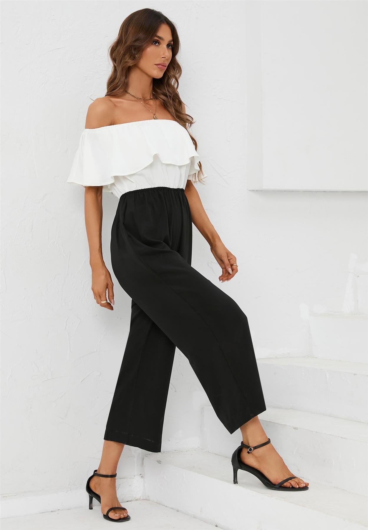Black Contrast off the Shoulder Ruffle Jumpsuit In White