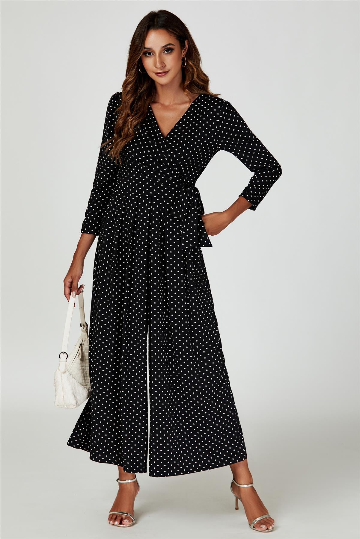 Dot Print Wrap Top Jersey Jumpsuit In Black