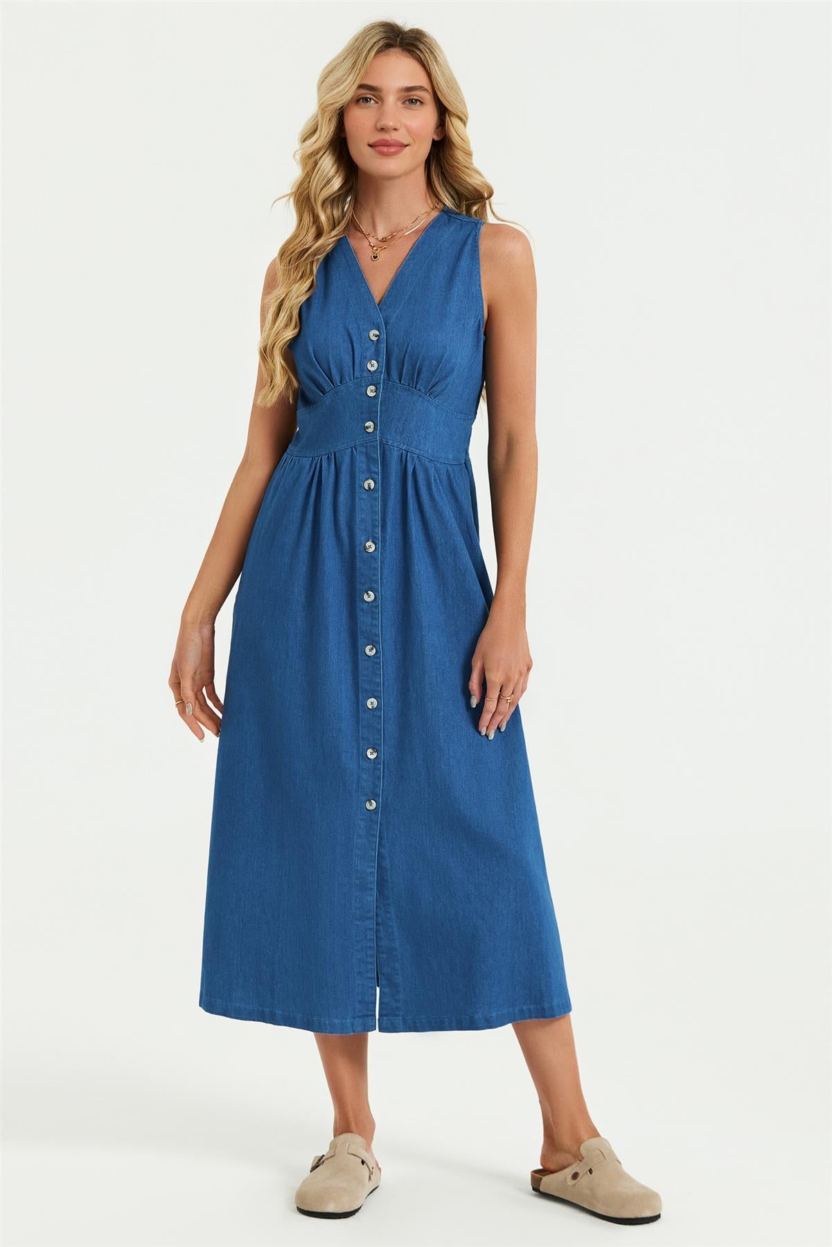 Button Down Denim Midi Dress In Blue