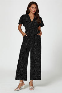 Dot Print Wrap Top Jumpsuit In Black