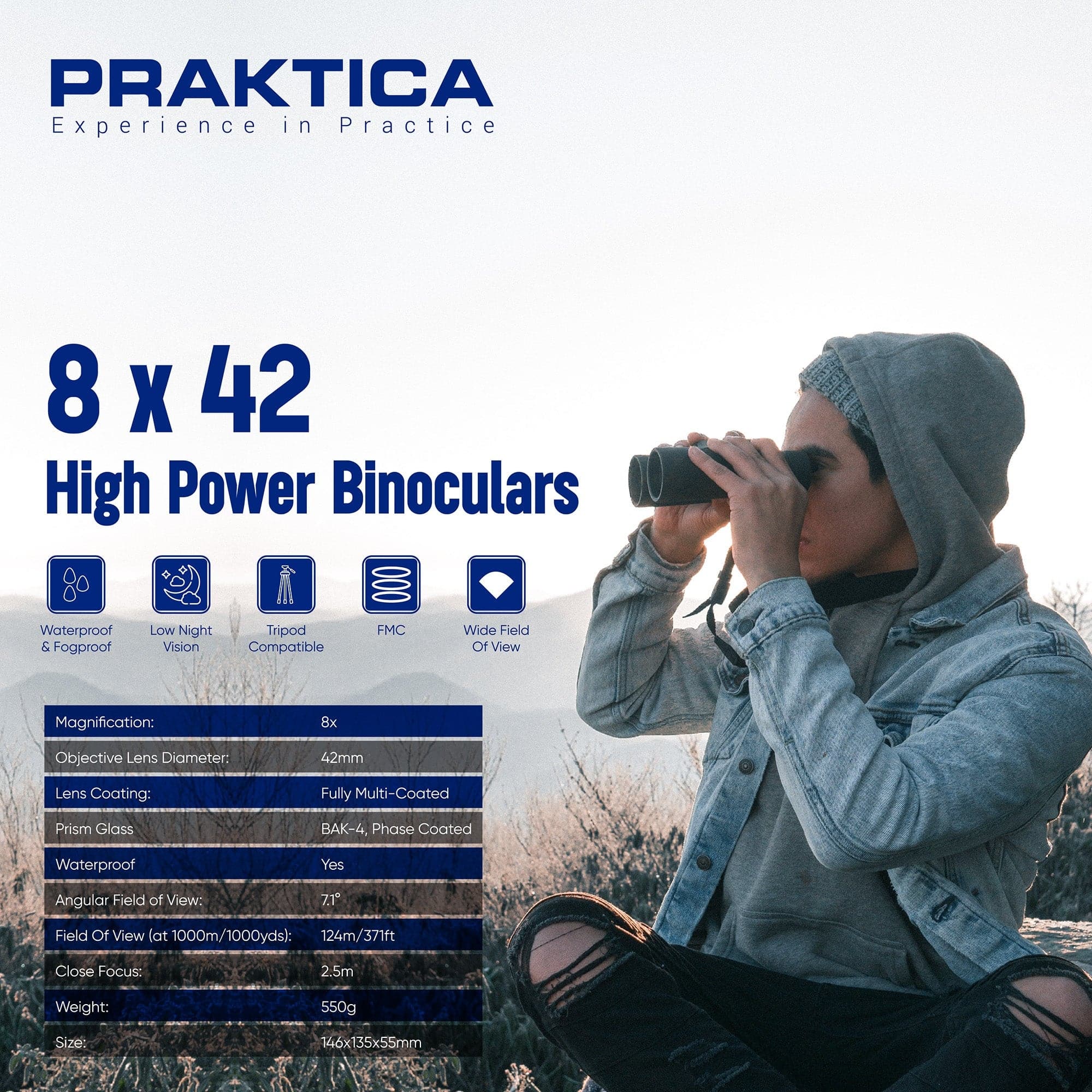 PRAKTICA Pioneer R 8x42mm Binoculars - Blue