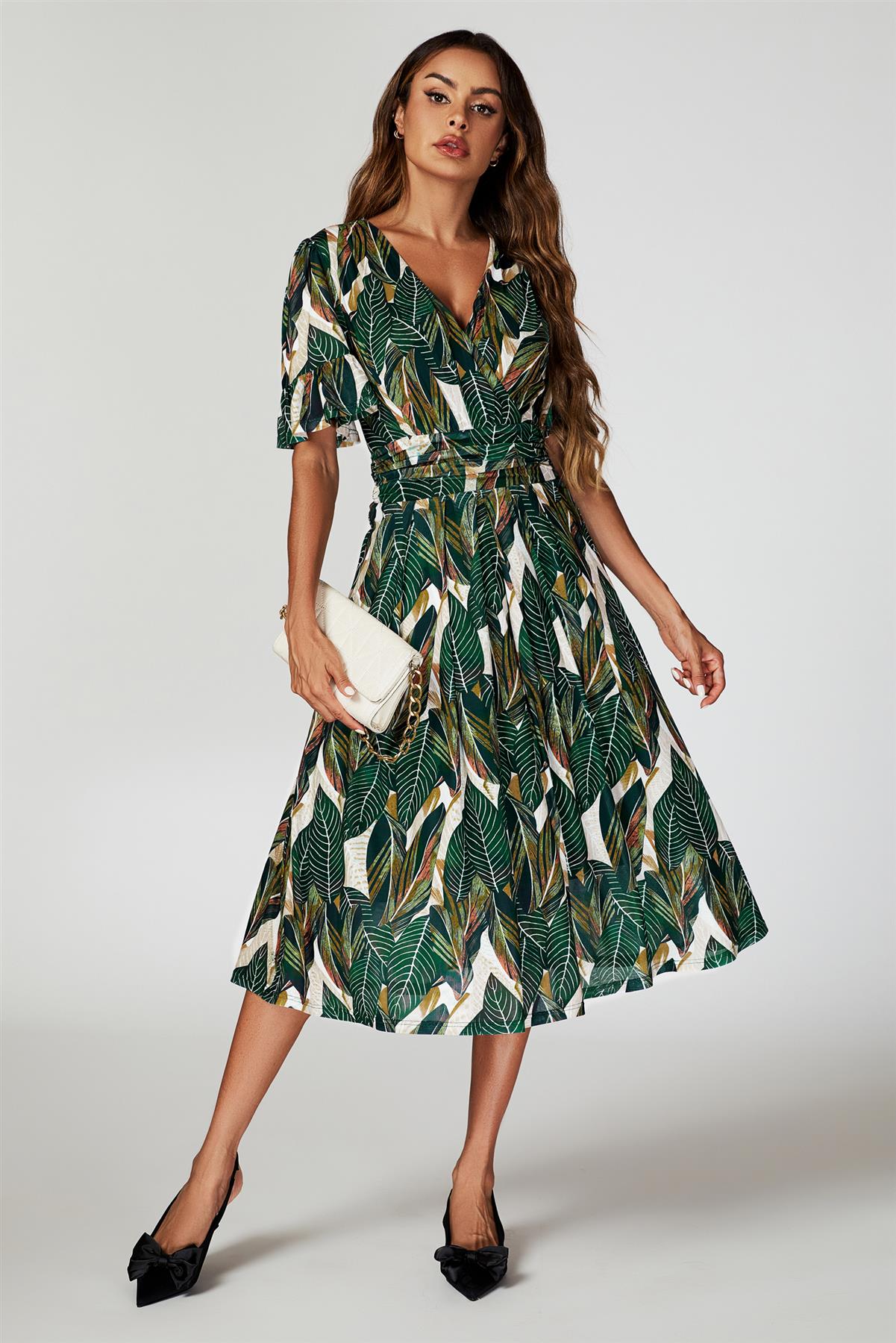Leaf Print Mesh Midi Dress In Green