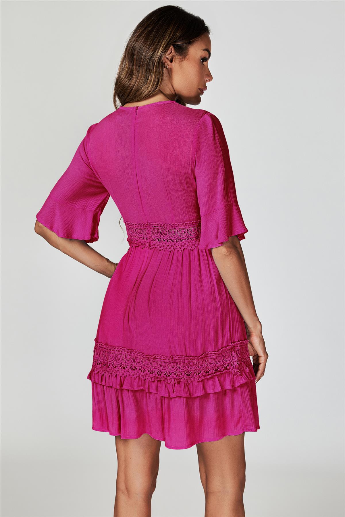 V Neck Lace Mini Dress In Fuchsia