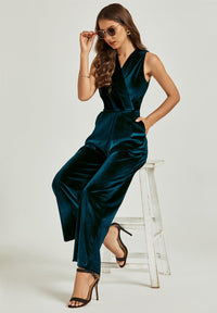 Velvet Wrap Jumpsuit In Teal