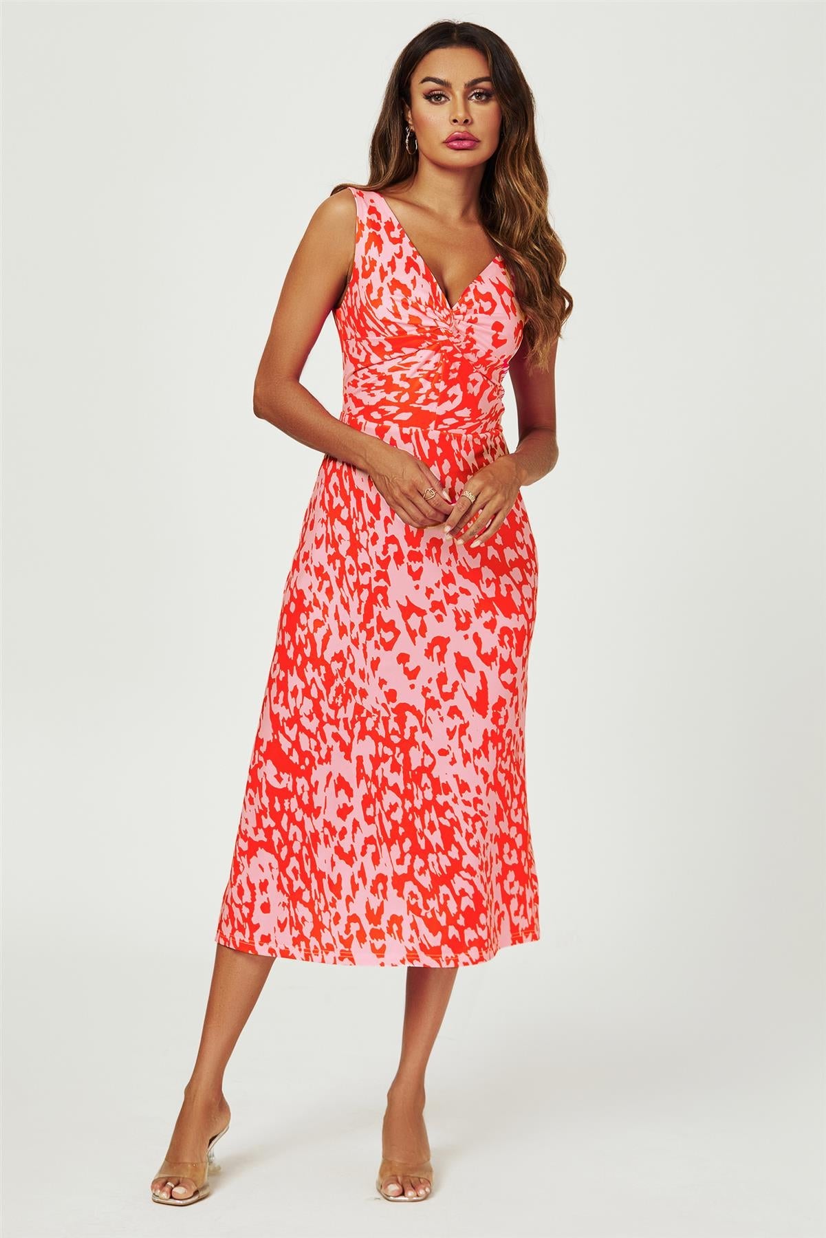 Leopard Print V Neck Knot Front Midi Dress In Pink