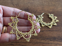 Sunburst Scroll Hoops - Mandala Brass Earrings with Ethnic Scallop Detailing.