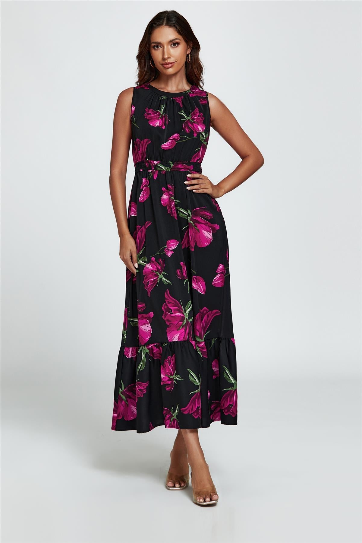 Floral Print Halterneck Maxi Dress In Black