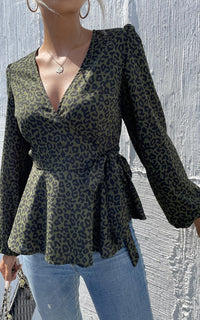 Long Sleeve V Neck Wrap Top/Blouse In Olive Green